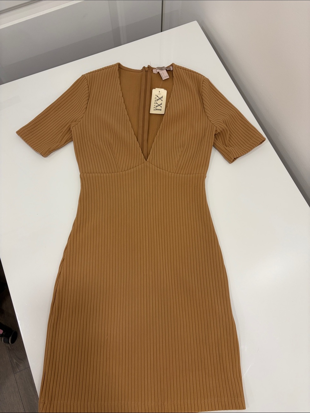 Forever21 Ribbed V-Neck Short Sleeve Dress - Camel